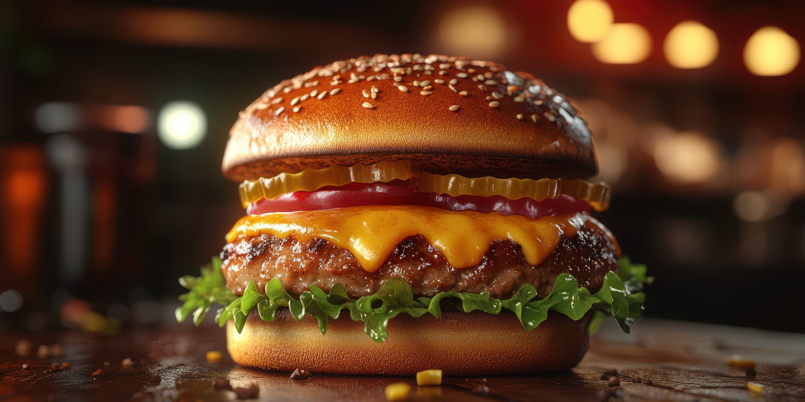 Delicious cheeseburger with fresh toppings served in a cozy restaurant atmosphere during the evening